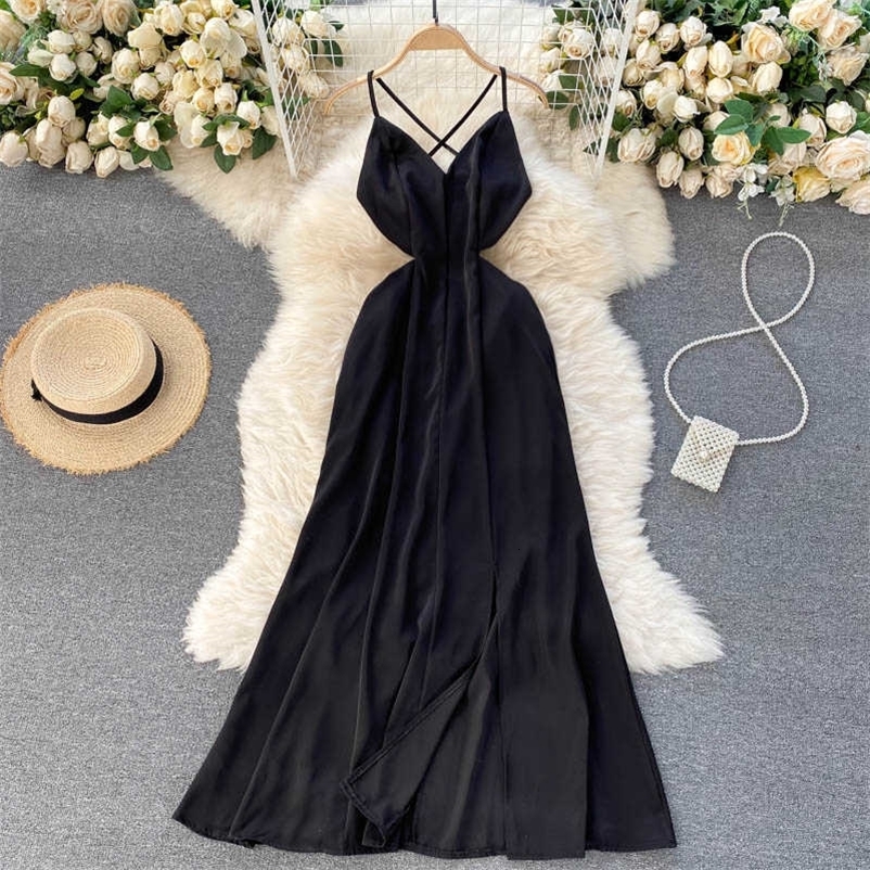 DEAT Women Black Sexy Open Back Waist Vintage sling Dress Deep V-neck Slim Fashion Spring Summer 11B155 210709
