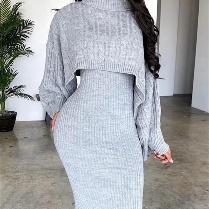 Womens Sweater Dress Set Autumn Winter Solid Turtleneck Ribbed Sweater Knitted Strap Dress Sets Matching Outfit 240829