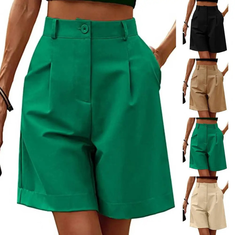 Womens Summer Shorts Long with High Waist Female Loose White Classic KneeLength Office Wide Black Candy 240428