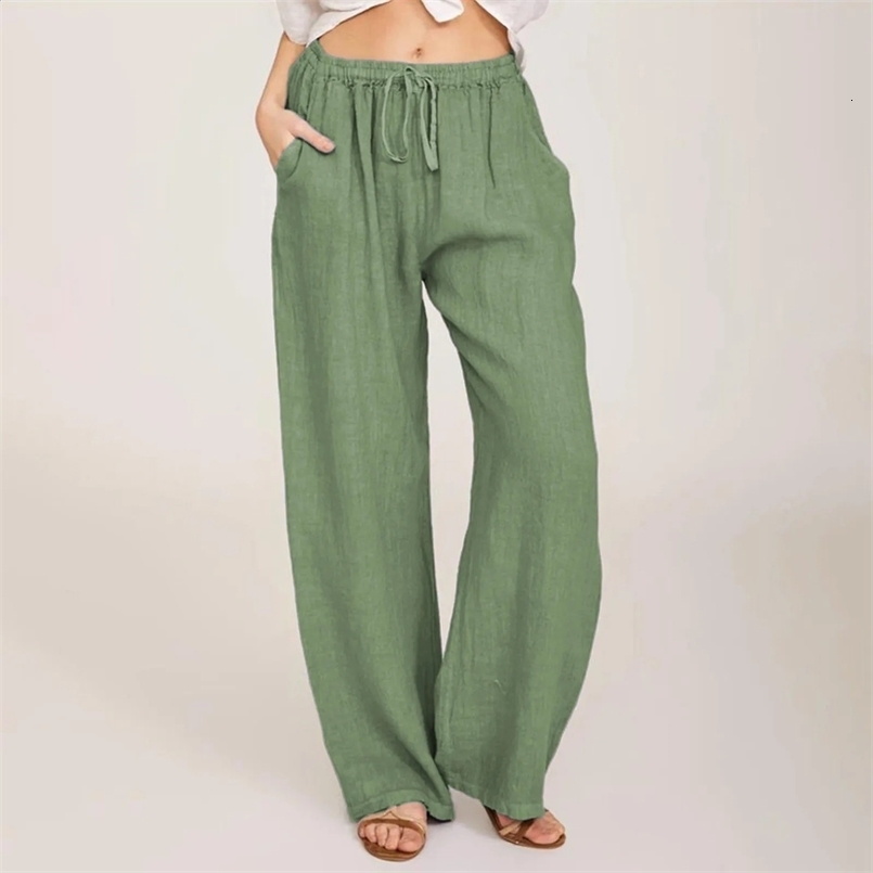 Summer Cotton Linen Wide Leg Pants for Women Pants Full Length Casual Pants Female Solid Loose High Waist Straight Trousers 240729