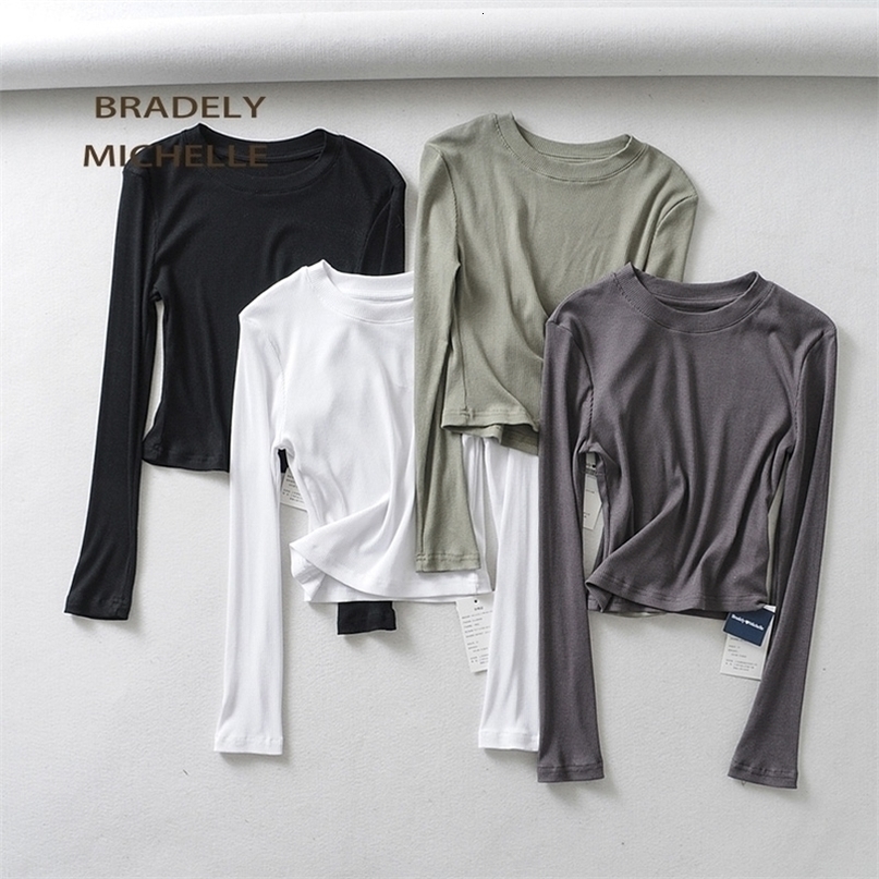 BRADELY MICHELLE Summer sexy women oneck longsleeve Tshirt slim elastic cotton crop tops
