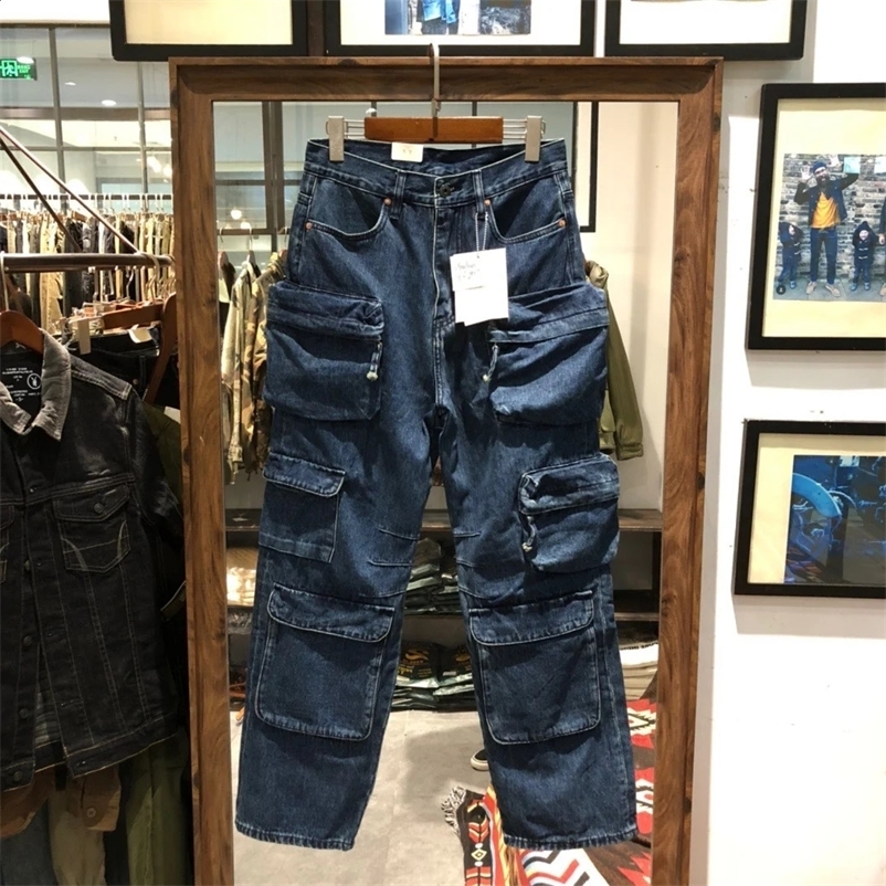 Multi Pockets Heavyweight Cotton Denim Dark Blue Men Pants American Tough Guys Male Overalls Straight Workwear Cargo Trousers 250226