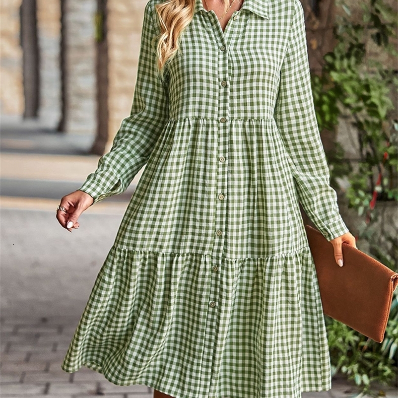 Casual Dresses Women's casual plain patterned shirt dress long sleeved long skirt women's retro single chest patchwork dress spring and au