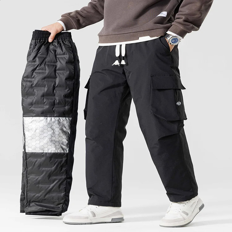 Winter Mens Pants 90% White Duck Down Padded MultiPockets Straight Cargo Windproof and Waterproof Thick Warm Trousers 241122