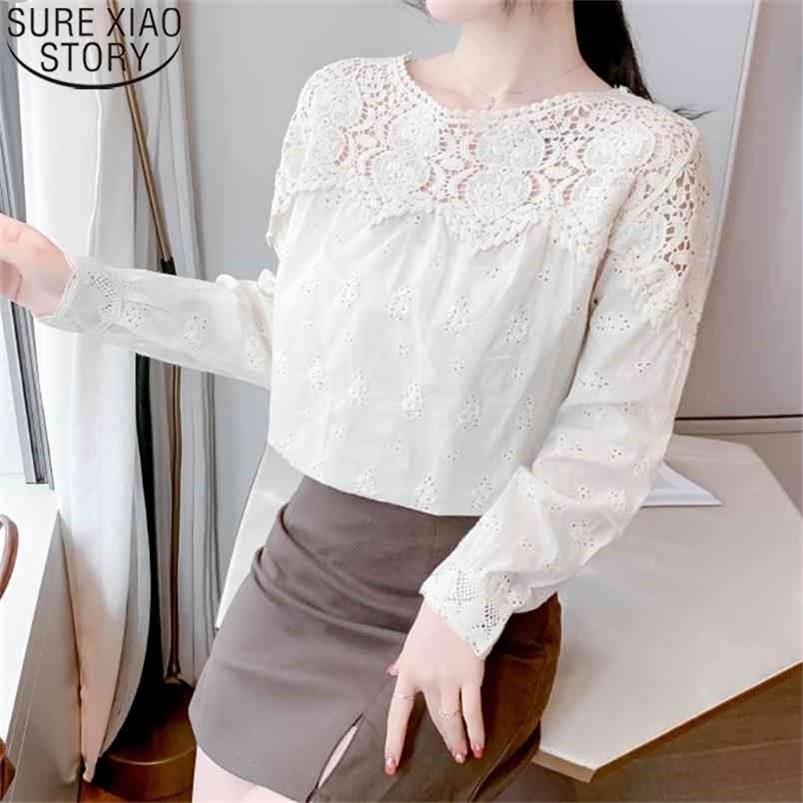 Spring Elegant Apricot Blouse Women Lace Hollow Out Tops Vintage Clothes O-Neck Causal Long Sleeve Blusas 13209 210506