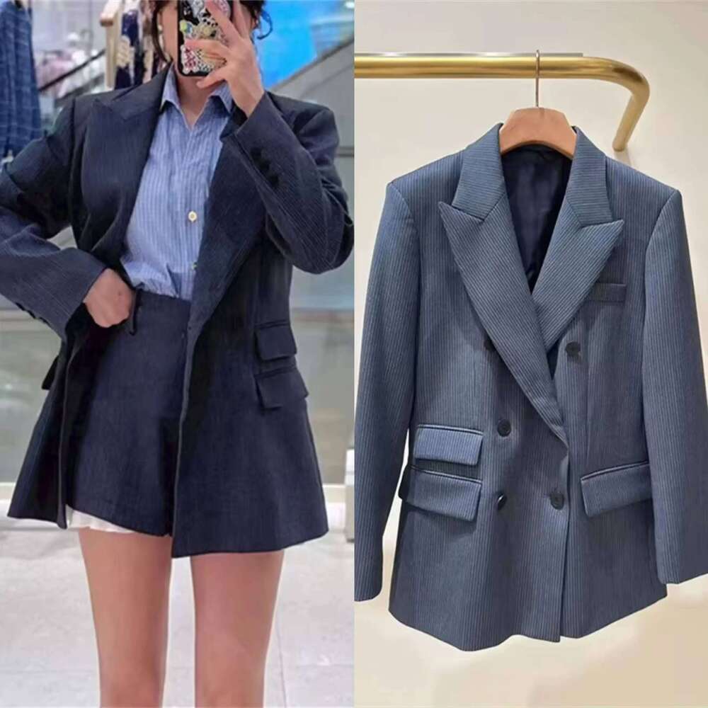 Women's Vertical Stripes Blazer Double Breasted Long Sleeve Suit Coat Or Shorts Office Lady Set 2025 Early Autumn