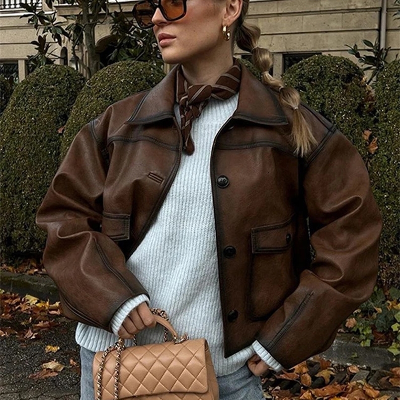 Brown Leather Womens Jacket Casual Vintage Short Jackets Autumn Winter Retro Women Coat Loose Lapel Ladies Coats Outerwear 241031