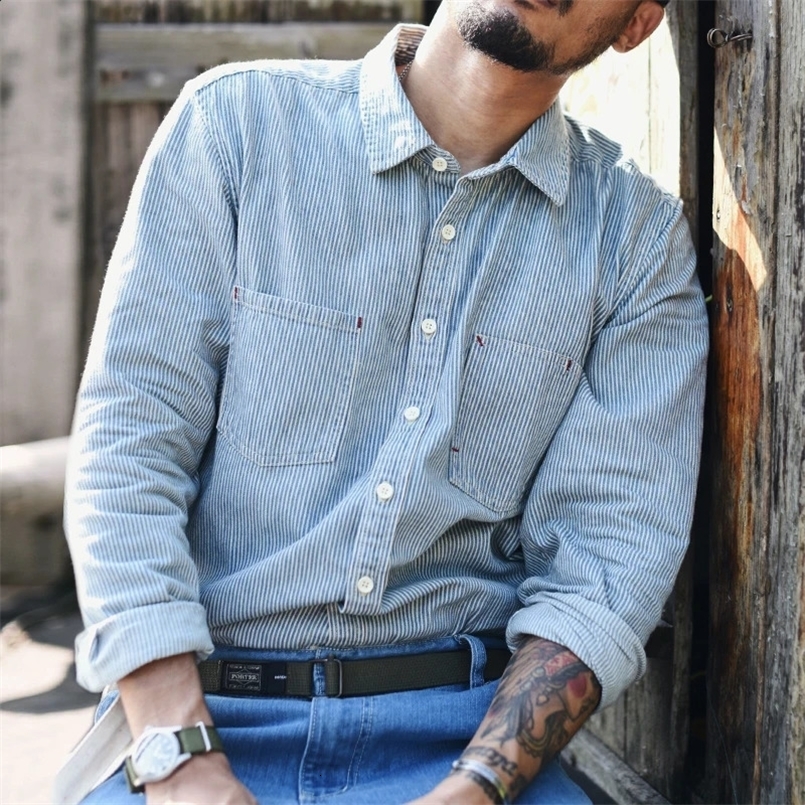 SauceZhan CY-009 Striped Shirt Men Chambray shirt long sleeve striped blouse Denim Shirts Jeans Shirts Vintage Casual Slim Fit 240724
