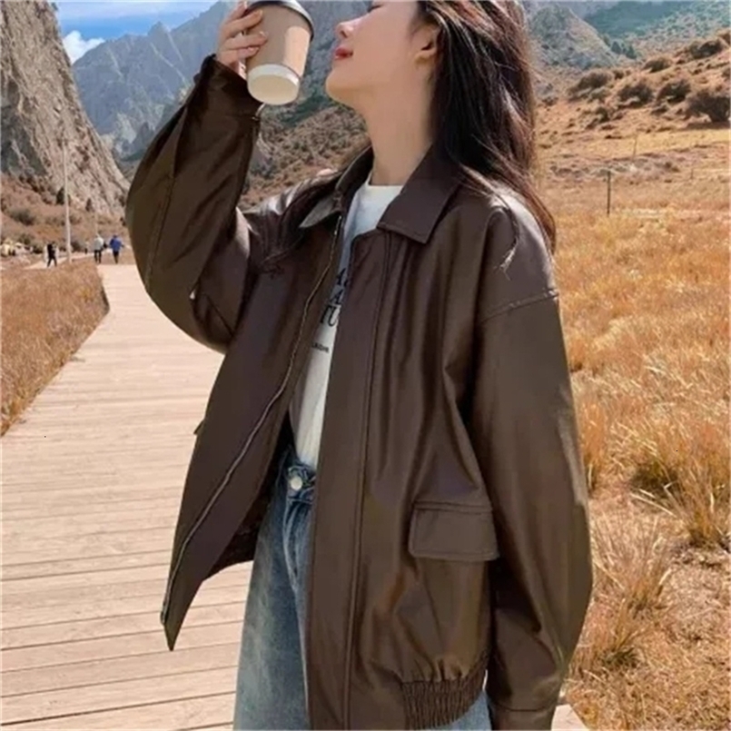 Melad Leather Jacket for Womens Spring and Summer Collection Retro Black and White Casual Fashion Zipper Loose Plus Size Leather Jacket 240824