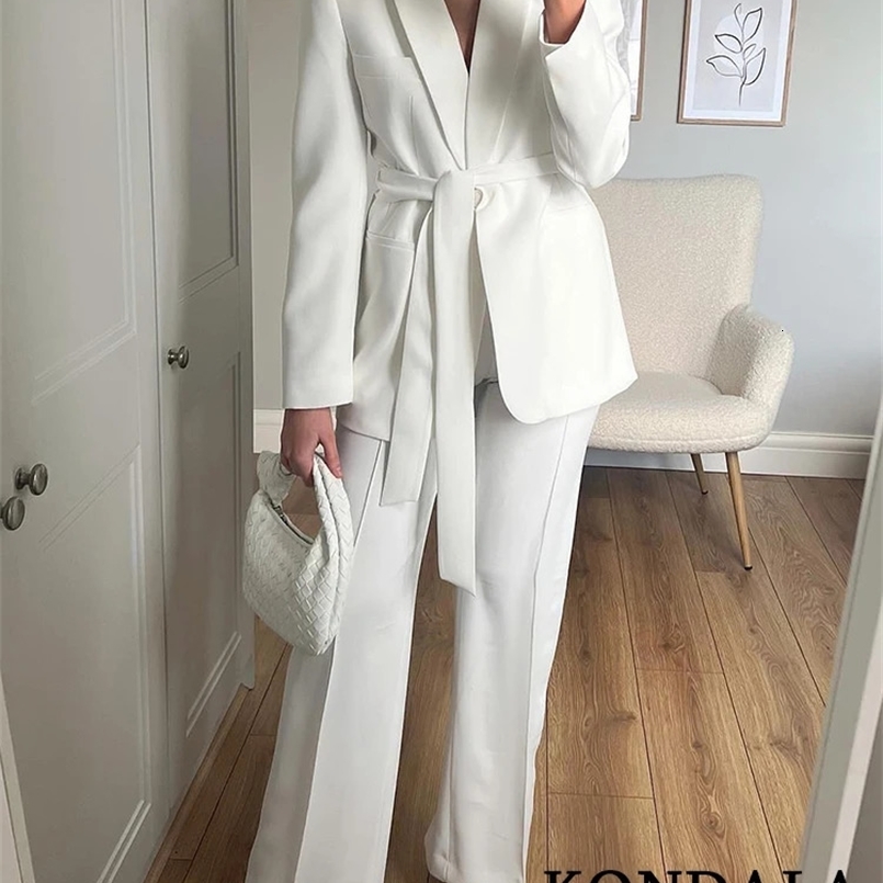 TRAFZA Office Lady White Blazer Suits Women Long Sleeve V Neck Sashes BlazerHigh Waist Wide Leg Long Pants Fashion Sets 241007