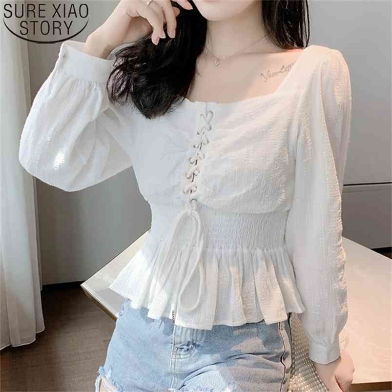 White Short Length Blouses Women Shirts Fashion Square Collar Autumn Korean Lace-up Shirt Sleeve Chiffon Blouse 10584 210506