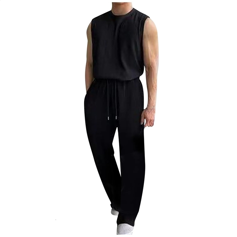 mens Two-piece Set for sports Summer Mens Solid Color Casual Suit Round Neck Vest Loose Pants outdoor home exercise casual suit 240830
