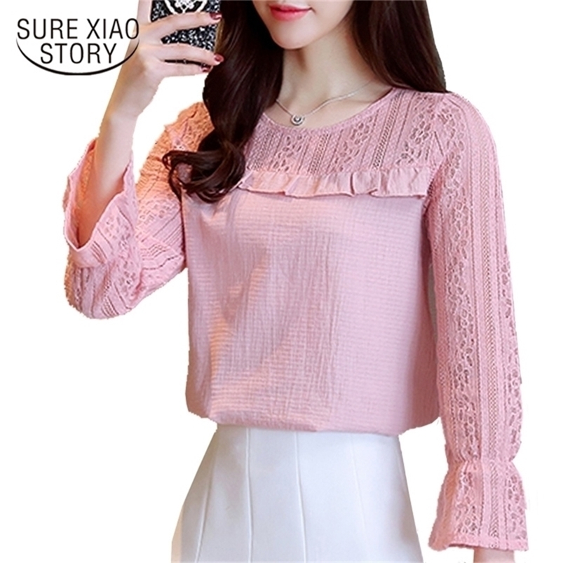 autumn flare sleeves solid lace women blouses top blusas shirt long sleeve hollow plus size blouse C872 30 210506