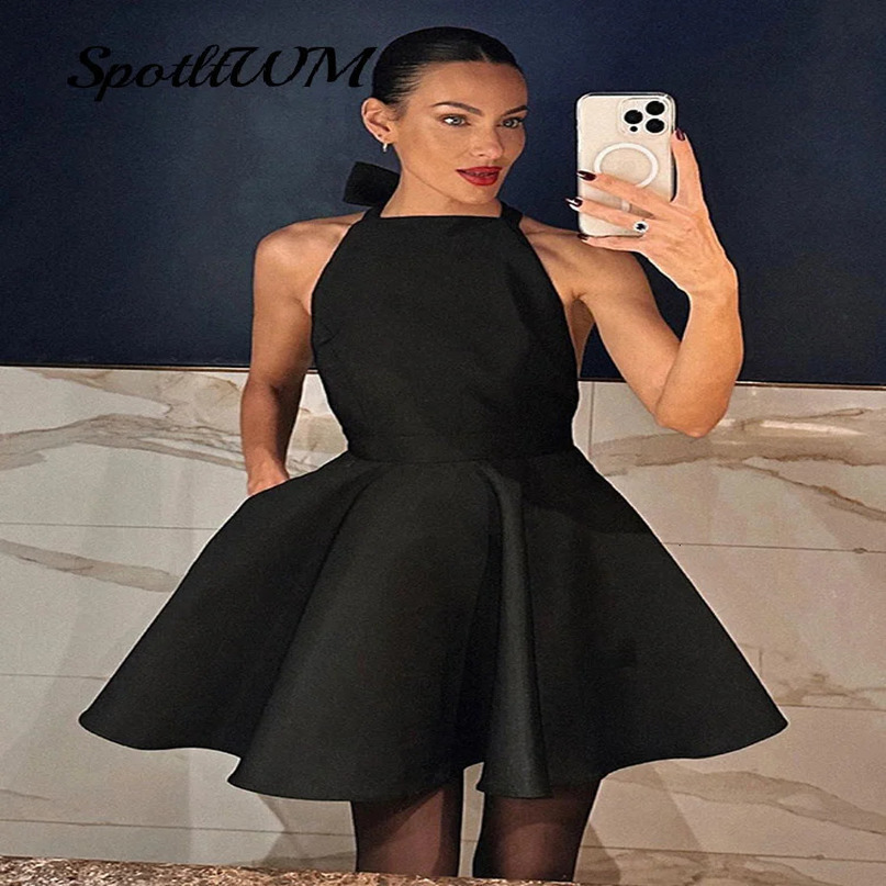Sexy Backless High Waisted Slim Mini Dresses Ladies Elegant Lace Up Black Aline Short Dress Women Fashion Sweet Party Robe 240615