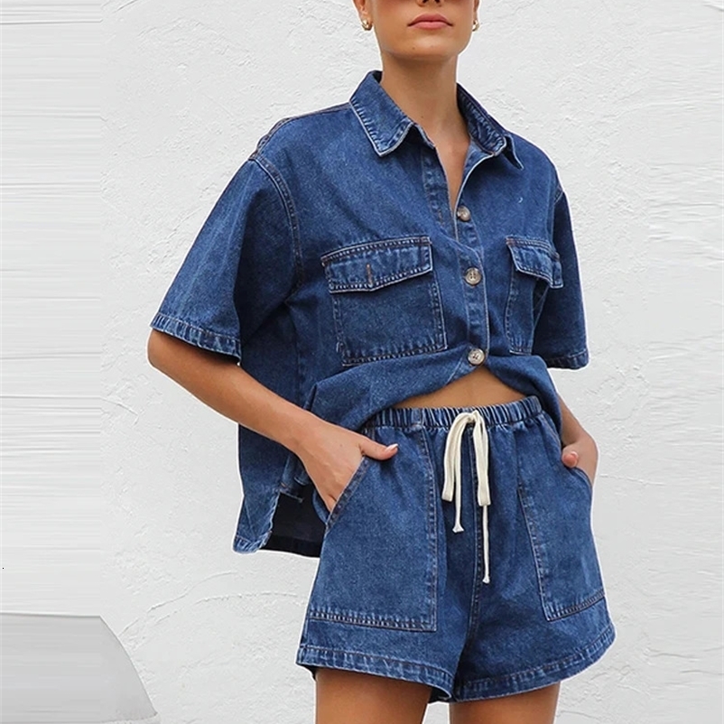Casual Denim Shorts Womans Set Versatile Lapel Loose Single Breasted Cowboy Shirt Drawstring Pants Sets Female Two Piece Sets 250317