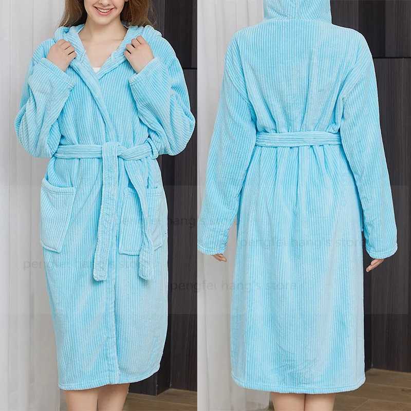Blue Striped Coral Fleece Robe Lady Hooded Shower Bathrobe Gown Long Sleeve Kimono Autumn Winter New Home Wear Sleepwear Z250924