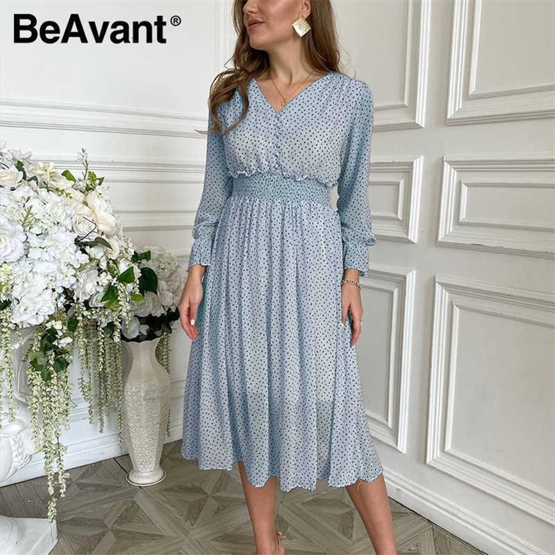 BeAvant Women floral print dress Elegant women flare sleeve a line v neck sash dress High waist work wear office lady dress 210709