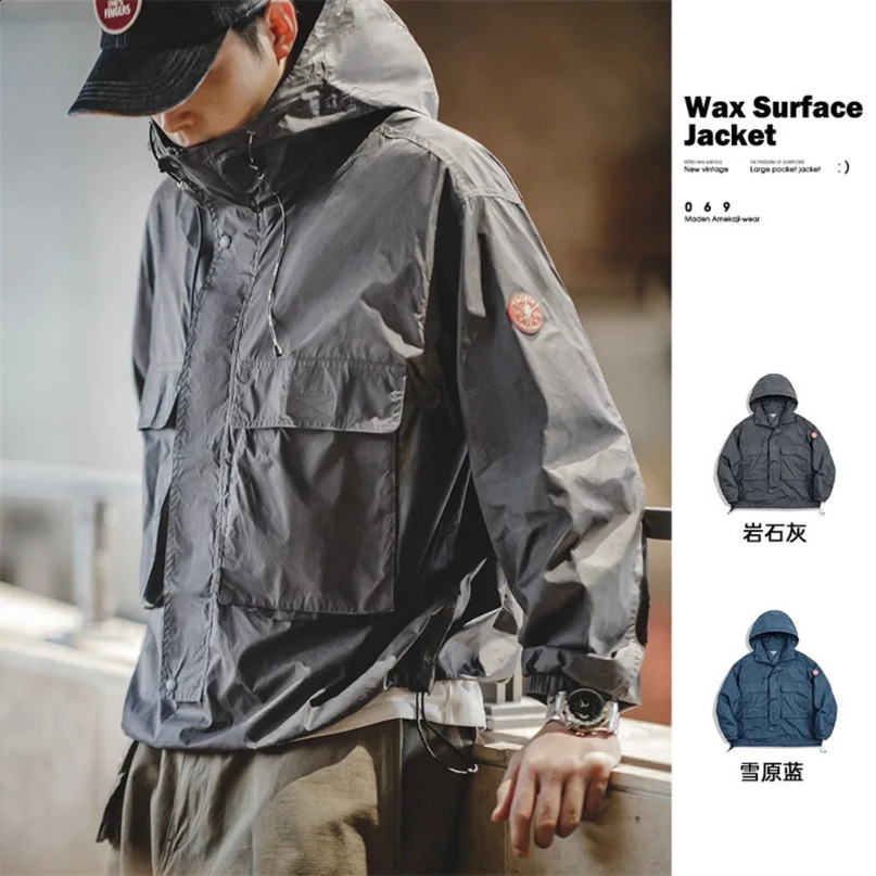 Maden mens retro wax printed jacket outdoor windproof thin hooded sweatshirt doublesided pockets spring and summer loose 250312