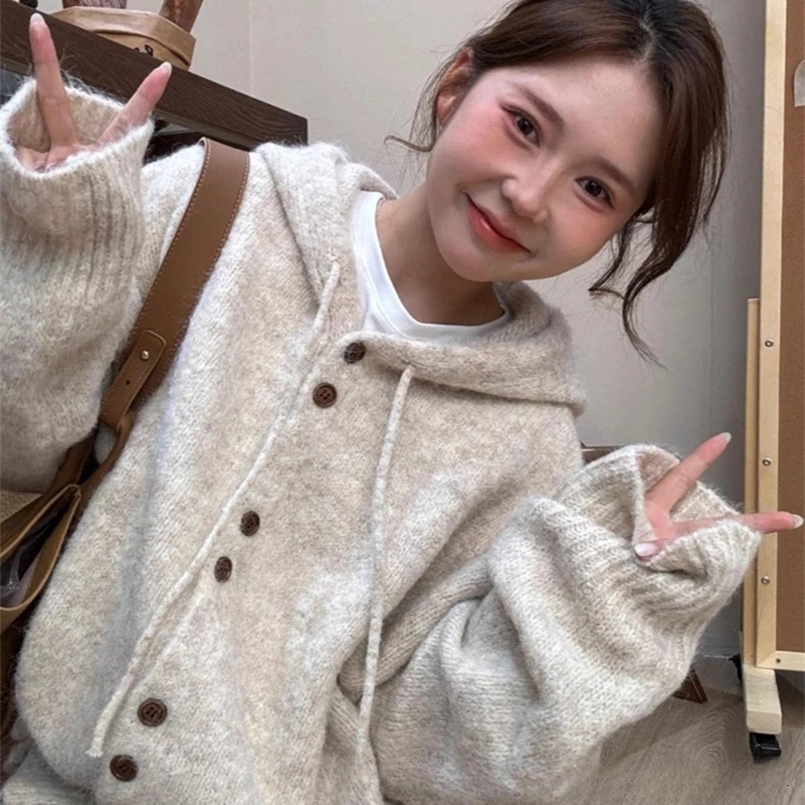 Hooded Cardigan for Women Drawstring Button Up Knit Cardigan Korean Lazy Style Long Sleeve Sweater Jacket Autumn Winter 240830