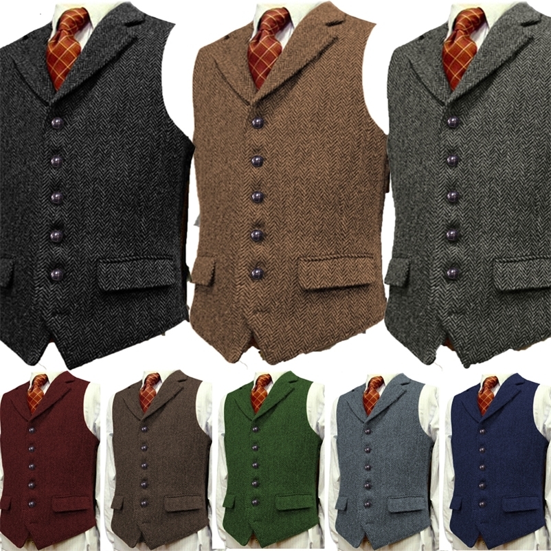 Men's Vests Men's Wool Tweed Slim Fit Leisure Cotton Burgundy Vest Gentleman Herringbone Business Brown Waistcoat Blazer For Wedding Groom