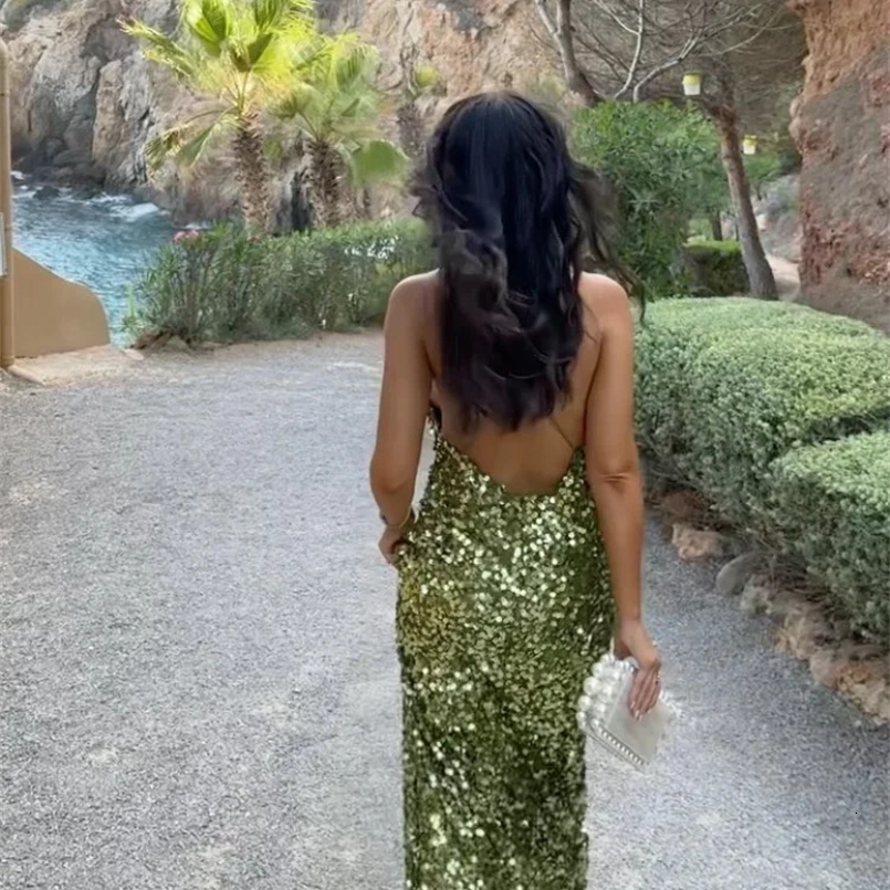 Womens Green Sequin Backless Sling Dress Sexy Sleeveless Off Shoulder Slim Vestidos Elegant Female Evening Party Long Robes 240930