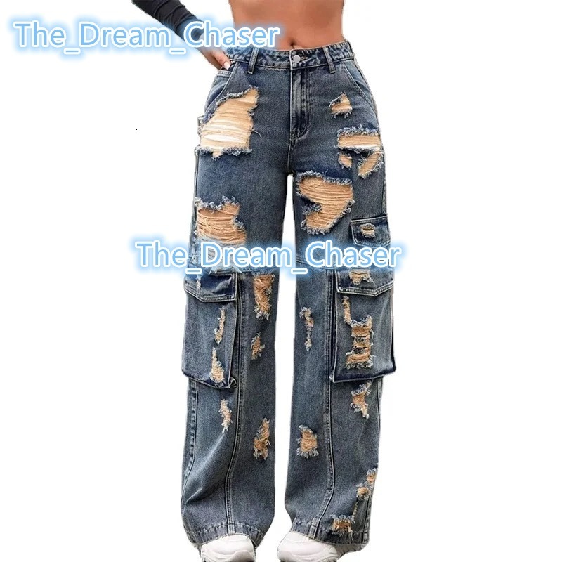 Breathable High Rise Womens Baggy Trousers Multipockets Faded Washed Denim Wide Leg Cargo Jeans Loose