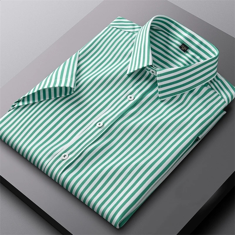 Short Sleeve Mens Stretch Striped Shirt Non Iron Button Up Stripe Business Formal Shirt Regular Fit Stylish Dress Shirts 240801