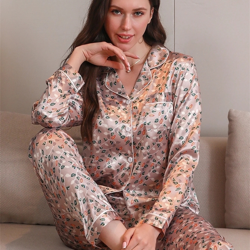 Two piece sets of womens sleepwear autumn and winter long sleeved pants leaf pattern printed home clothes sleepwear set 250603
