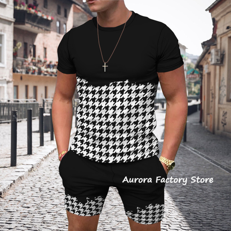 Mens Tracksuits Summer Plaid Stripes Tracksuit Solid Color TShirt Shorts Set Vintage Suit Male Fashion Outfit Clothing Casual Streetwear 230418