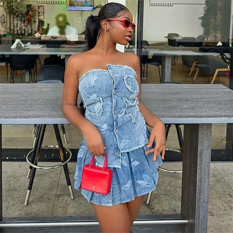 Denim Crop Tops 2 Piece Mini Skirt Sets Women Sexy Y2K Streetwear Crop Tops Two Piece Sets Summer Outfits Cargo Jean Pleat Dress 240823