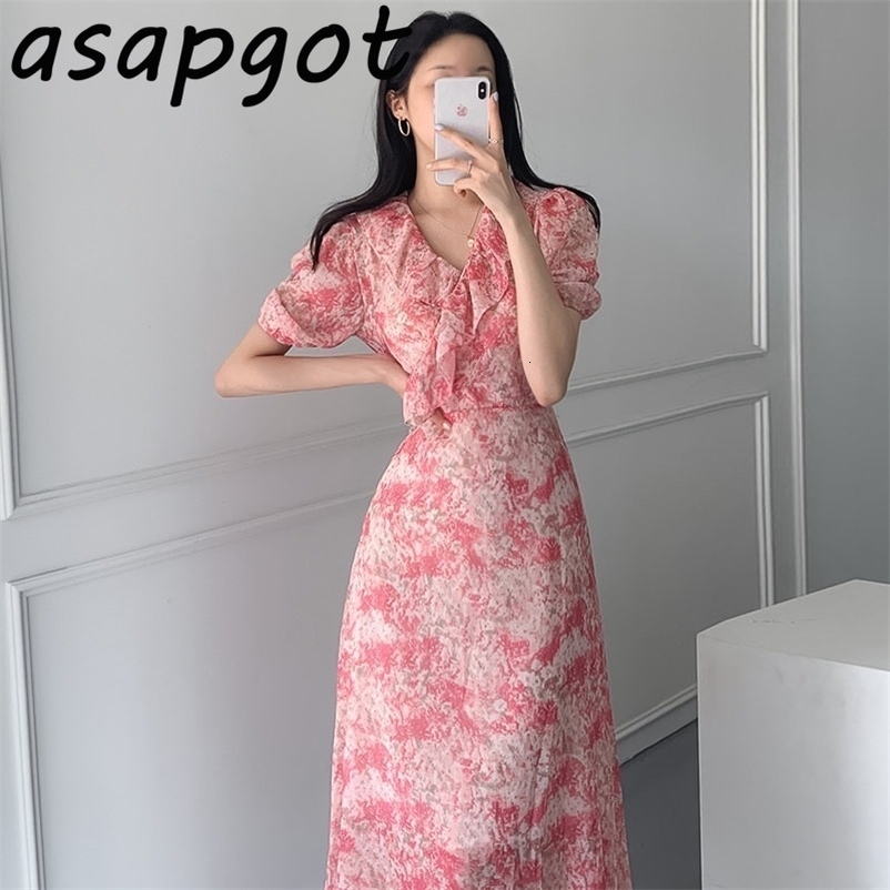 Dresses Chic Korean Summer Elegant Slim Waist Gentle V Neck Ruffles Short Sleeve Red Floral Chiffon Dress Lady Vestidos Girls 210429
