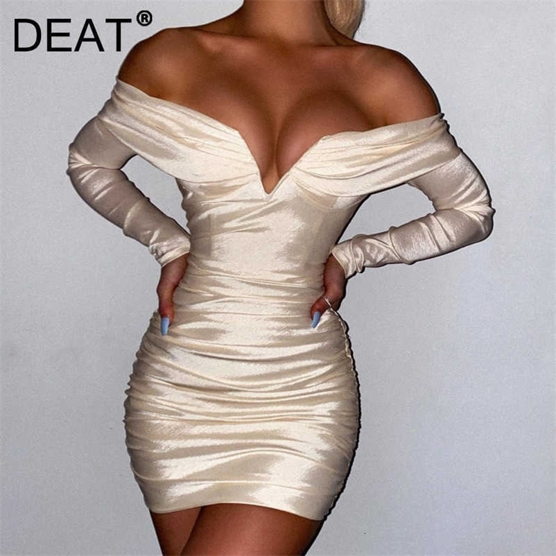 DEAT Women Slash Neck Pleated Dress Solid Color Long Sleeve Temperament Backless Fashion Spring Summer 11B069 210709