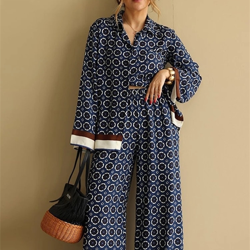 Printed Shirt Pants Set Loose Casual Slimming Long Sleeved Shirt High Waisted Long Trousers Two-piece Sets Women Clothing Autumn 250317