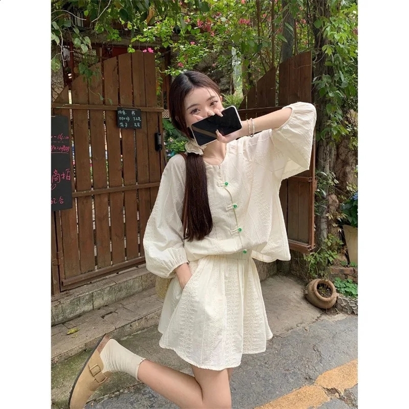 Women Summer Elegant Temperament Frog O-neck Long Sleeve Shirts Ladies All-match Solid Color High Thin Waist Skirt Two Piece Set 240828