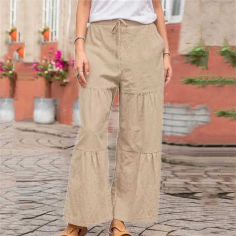 Pantaloni a gamba larga da donna ad alta vita patchwork solido in lino in cotone casual pantaloni dritti lunghi pantalone lunghezza della caviglia 2