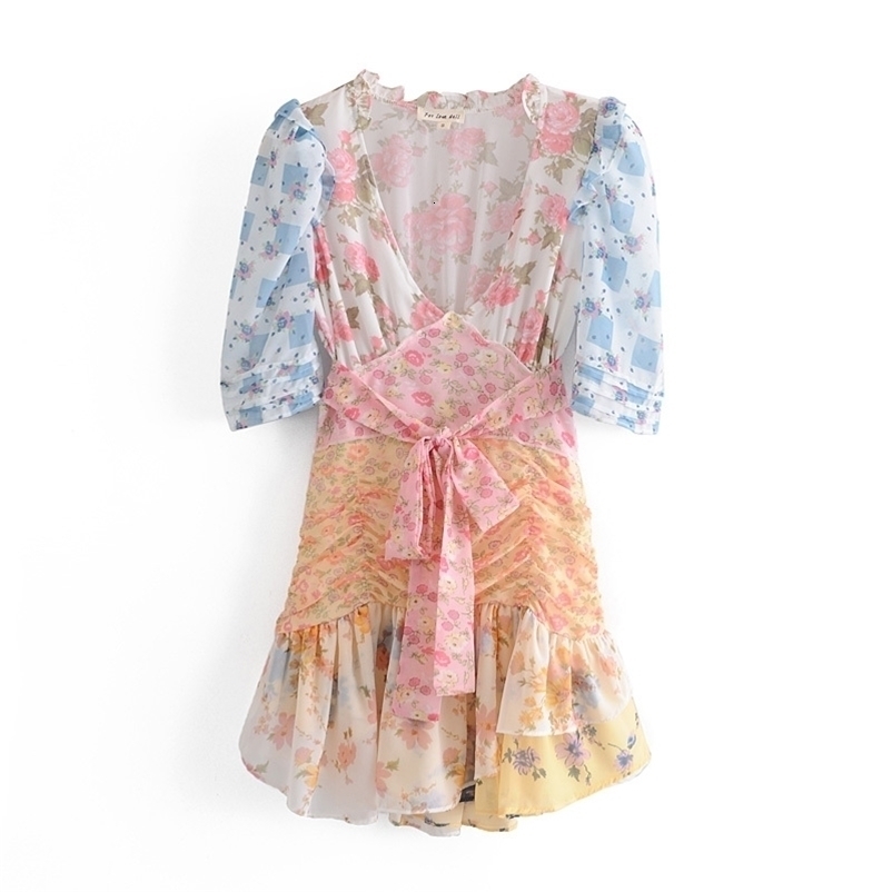 PUWD Sweet Women V Neck Color Matching Dress Spring-autumn Fashion Ladies Beach Style Female Pleated 210522