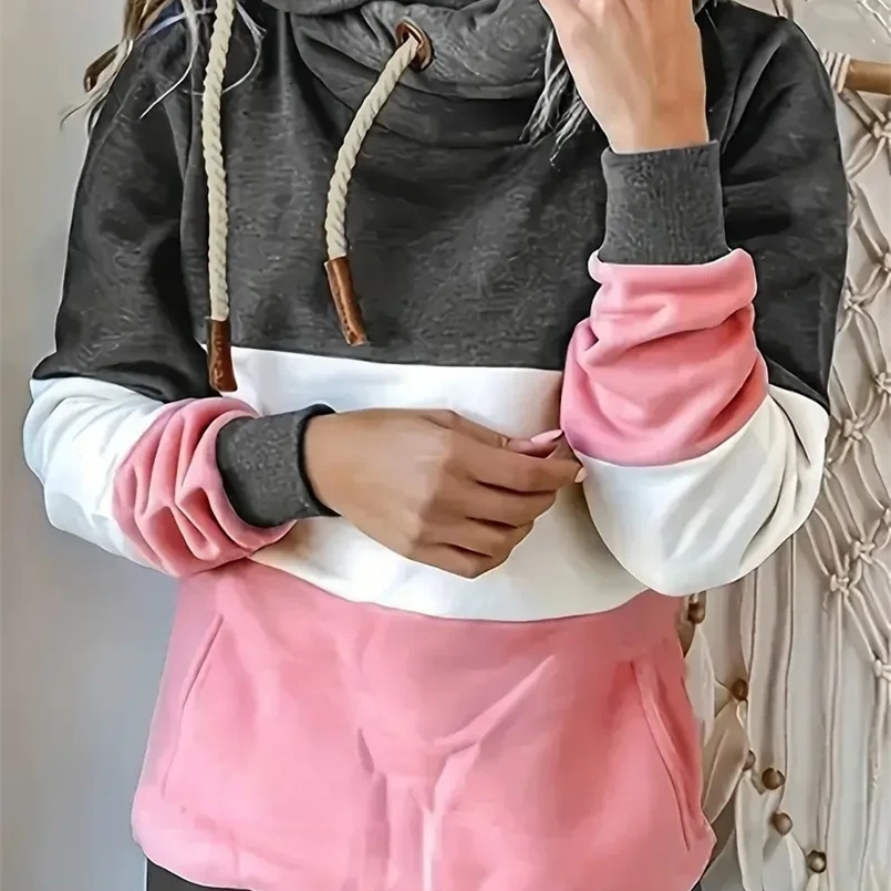 Women 1XL-5XL Plus Size Casual Sweatshirt Womens Plus Colorblock Long Sleeve Drawstring Hooded Sweatshirt With Pockets 240813
