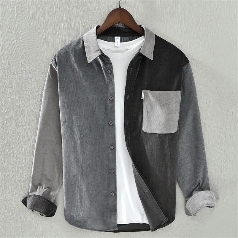Men's Casual Shirts Spring Autumn Preppy Men's Cotton 100% Turn-down Collar Corduroy Patchwork Shirts Long Sleeve Loose Casual Men Clothes