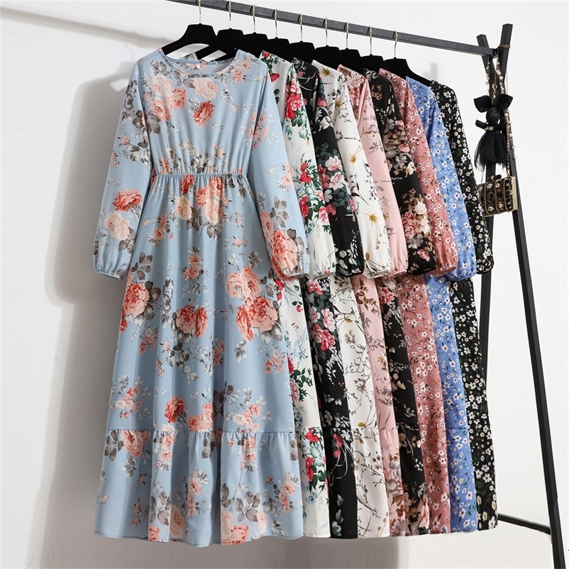 Casual Dresses Women's floral printed long dress Spring/Summer casual O-neck full sleeve high waist lace Bohemian beach party long dress Vestid