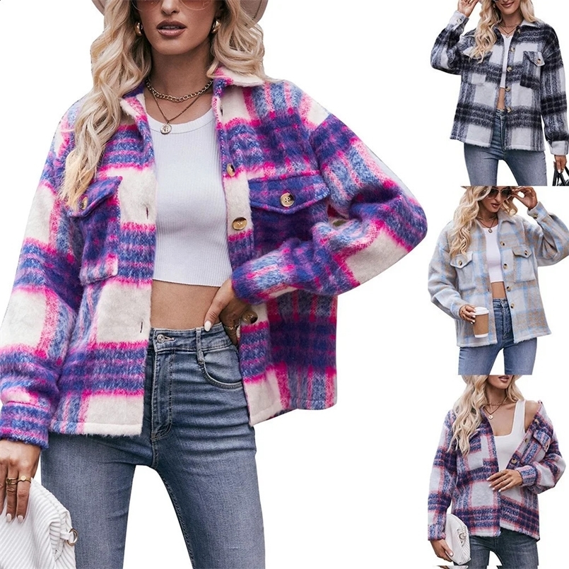 Autumn Winter Women Short Coats Female Checkered Mohair Woolen Thick Jacket Single-breasted Warm Outwears Womens Clothing 240802