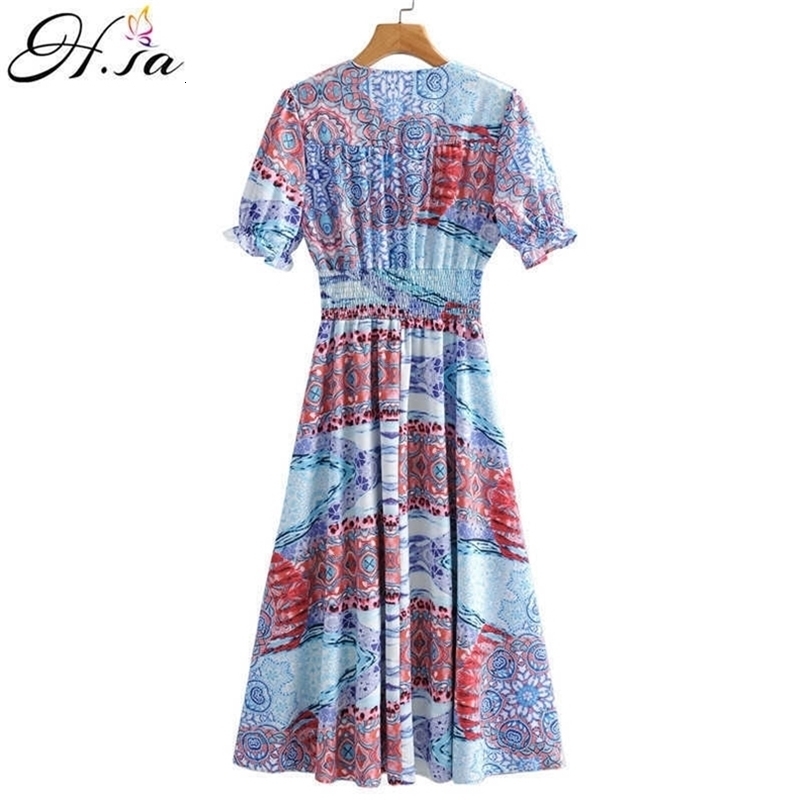 HSA Women Summer Long Pleated Vestidos Short Sleeve Sexy Split Chiffon Beach Vestidos Elastic Wasit Long Party Dress 210716