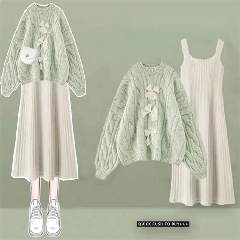 Xgoth Chic Womens Spring Dress Set Winter Western-style Pleated Camis Dresses Knitted Long Sleeve Pulls Trendy Two Piece Sets 240829