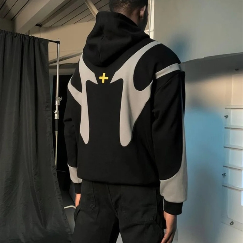Streetwear Zipper Hoodie Mens Y2k Harajuku Hip Hop Retro Patchwork Oversized Hoodie Sweatshirt Gothic Jacket Coats Clothing 240105
