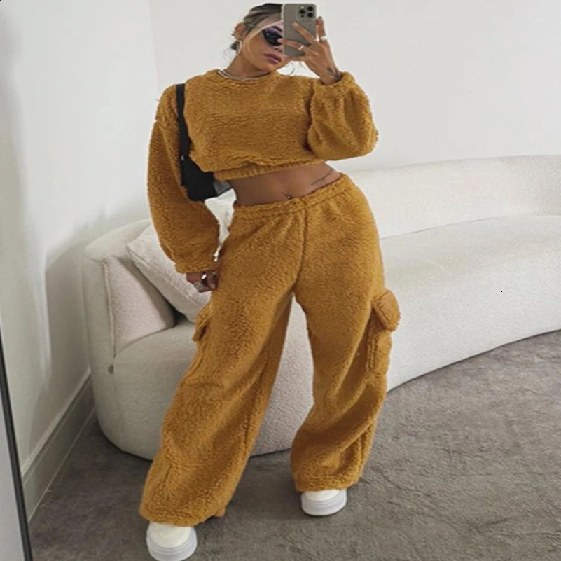 Trendix Suede Pants Set Womens Casual Long Sleeve Short Pull Sweater and Loose Pants 2-piece Set Womens Set 241015