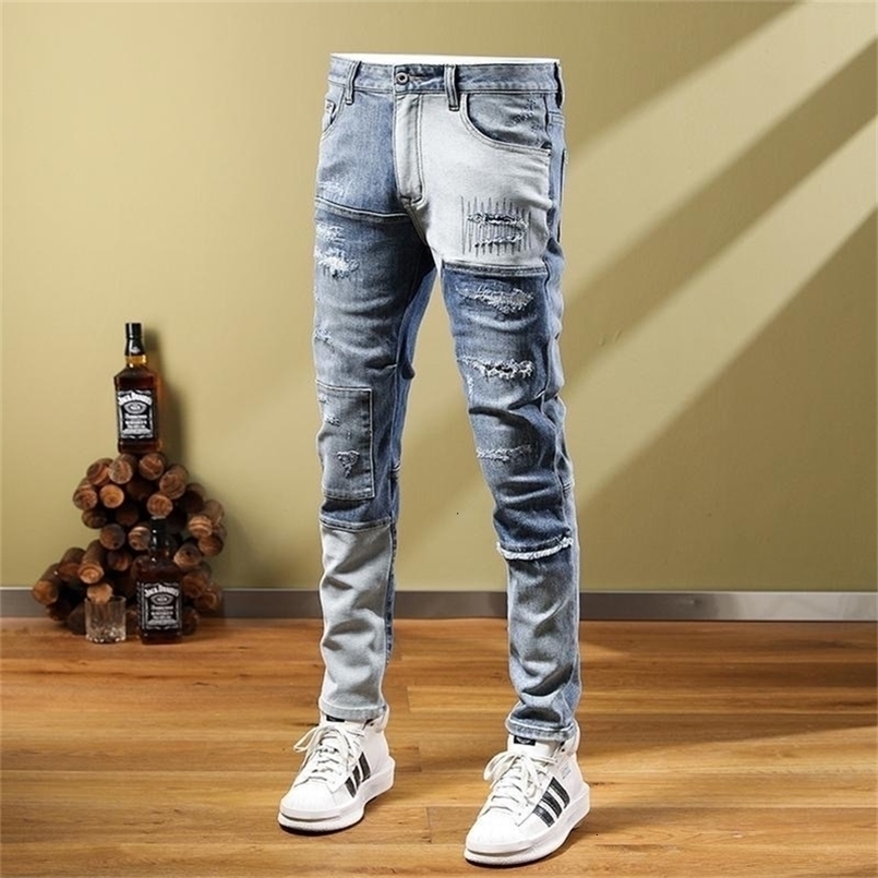 Spring/Summer Blue Hole Trend Small Foot Pants Mens Casual Slim Comfortable Breathable High-Quality Stretch Jeans 240823