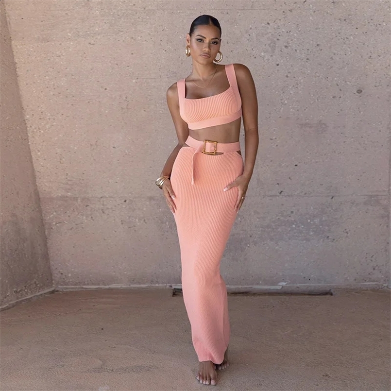 Knit Ribbed Women Cutout Waist Midi Maxi Long Skirt Suit and Tank Top Street Matching Two 2 Piece Dress Sets Outfit 240829