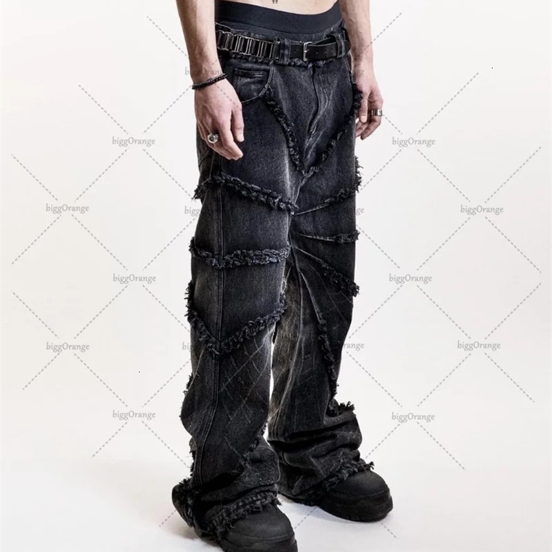 Y2K Punk Black American Street Rock Retro High Waist Oversized Jeans Men Raw Edge Washed Straight Wide Leg Trousers Men 240318