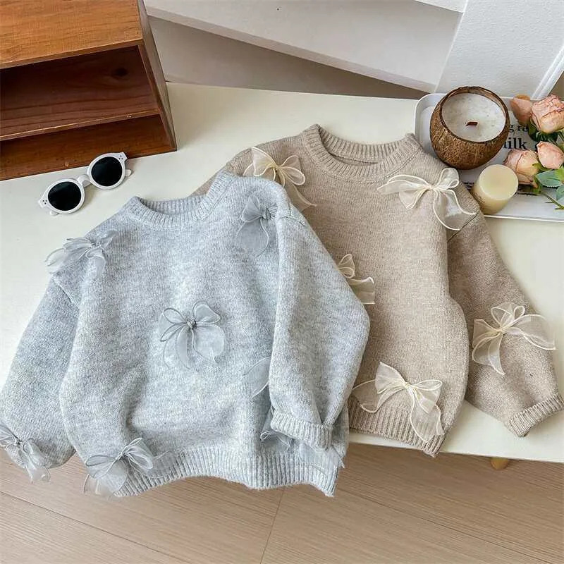 Korean Girls Solid Color Sweaters Cute Bow Children Clothing Autumn Winter Baby Kids Sweet Princess Knitted Sweater 110Y 250922