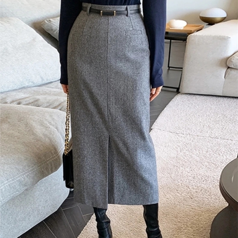 Elegant Women Striped Faux Wool Pencil Skirts Belted Spring Autumn Office Ladies Casual A-Line High Waist Midi Skirt L901A 241011
