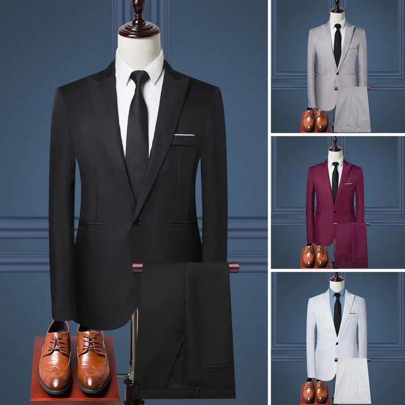 Men Pants Set Mens Business Workwear Solid Color Slim Fit Professional Lapel Long Sleeve Singlebreasted for Midrise 240412